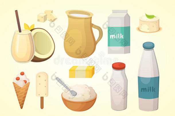新鲜有机牛奶产品，包括奶酪、黄油、咖啡、酸奶油和冰淇淋。
