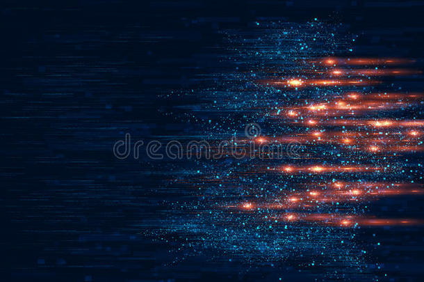 蓝色粒子和明亮光线在空间中移动的数字背景。