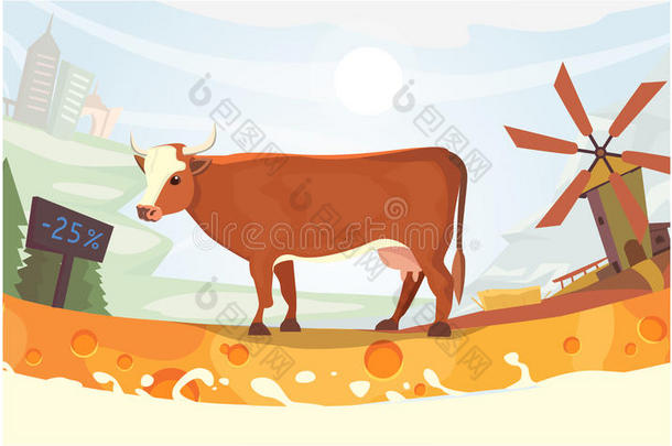 可爱的<strong>奶牛</strong>与牛奶河<strong>矢量</strong>插图。 五颜六色的景观农场。 <strong>卡通</strong>哺乳动物