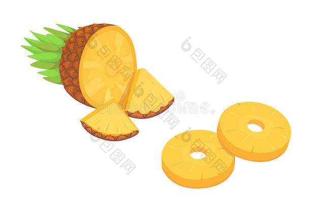 白色背景平图热带水果上卡通菠萝的组成。