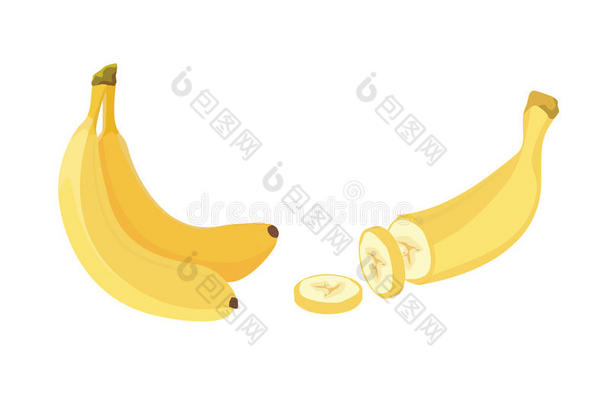 新鲜<strong>香蕉水果</strong>，矢量插图收集。 去皮切<strong>香蕉片</strong>