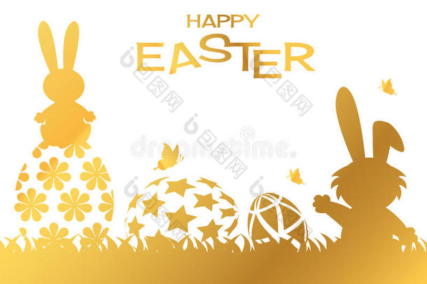 金色快乐复活节贺卡与兔子，兔子和鸡蛋