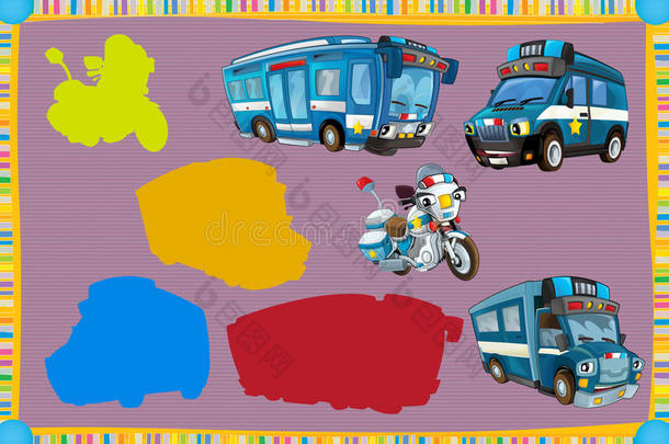 卡通猜谜游戏，为孩子与五颜六色的警车