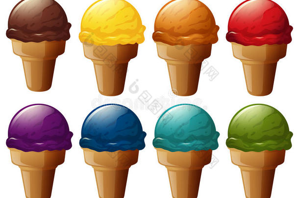 不同口味的冰淇淋在锥形