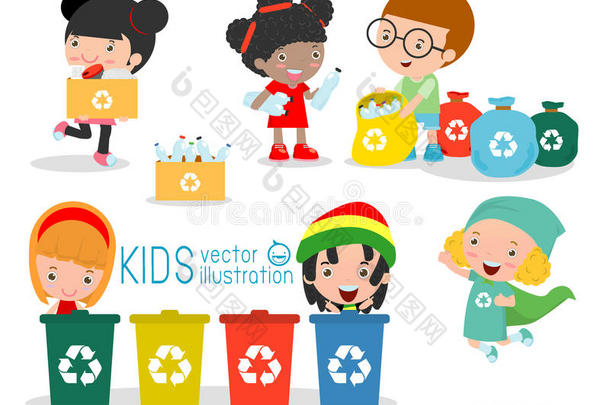 儿童收集垃圾进行回收，说明儿童分离垃圾，回收垃圾，拯救世界，男孩和女孩的建议