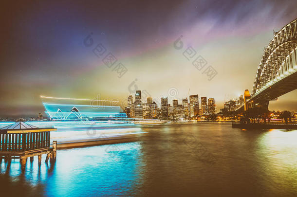 美丽的风景<strong>悉尼海港大桥</strong>与日落天空，澳大利亚