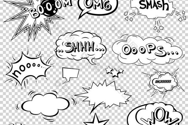漫画语音气泡设置，措辞音效设计为背景，条带。 书砰云，POW和酷呼呼