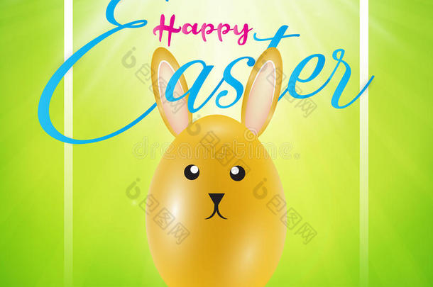 复活节海报金色兔子鸡蛋在绿色背景。
