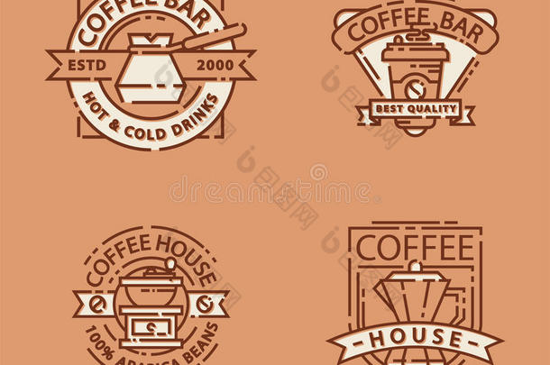 咖啡徽章食品细线刻字餐厅，<strong>咖啡厅</strong>菜单<strong>咖啡厅</strong>和商店贴纸矢量。