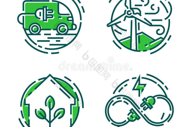 绿色生态节能图标和轮廓风格生态世界权力矢量插图。