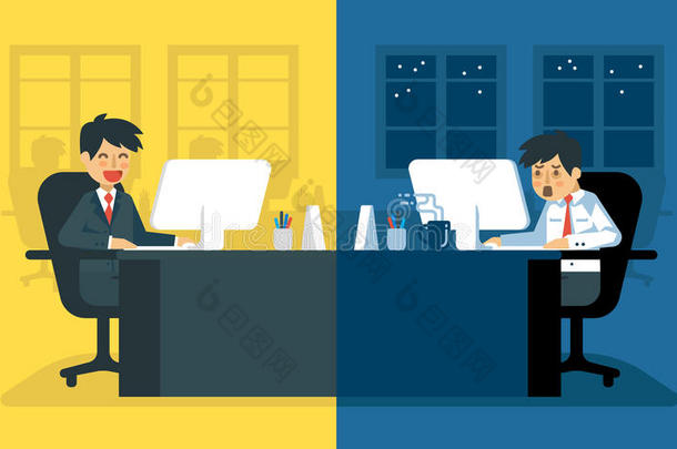 工作中疲惫的商人的日常生活|办公桌上精疲力竭的办公室工作人员。