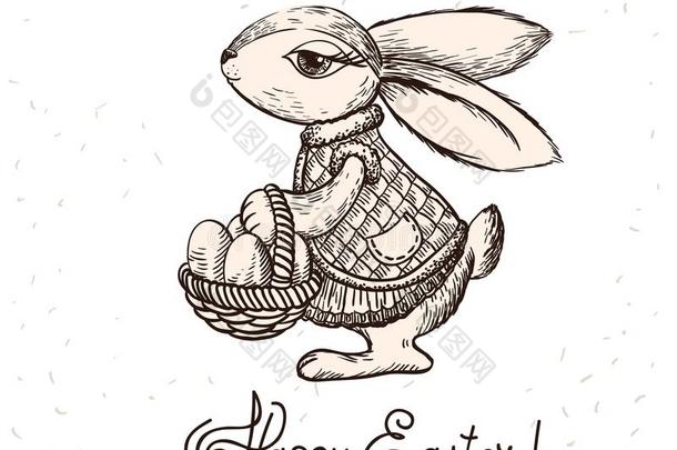 复活节兔子和一篮子鸡蛋。 贺卡