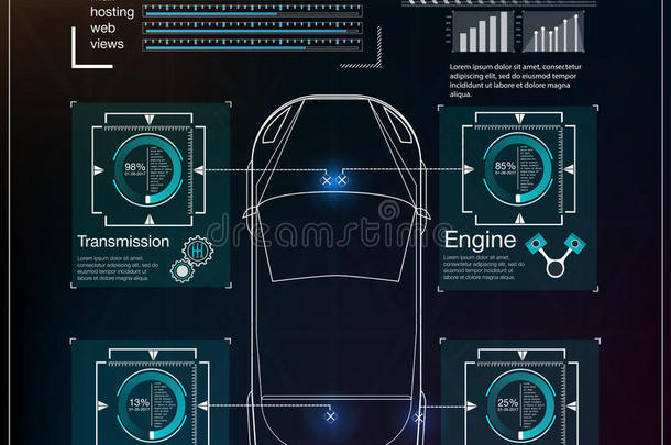 未来主义的用户<strong>界面</strong>。 哈德UI。 抽象虚拟图形触摸用户<strong>界面</strong>。 汽车信息图。 矢量科学摘要。