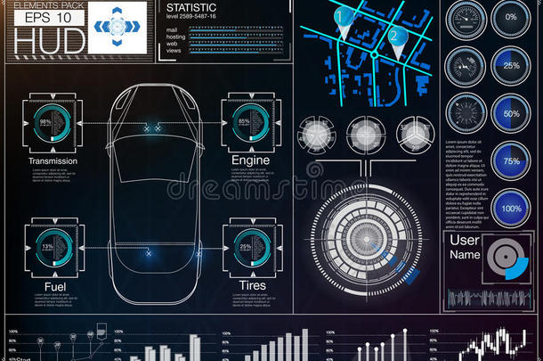 未来主义的<strong>用户界面</strong>。 哈德UI。 抽象虚拟图形触摸<strong>用户界面</strong>。 汽车信息图。 矢量科学摘要。