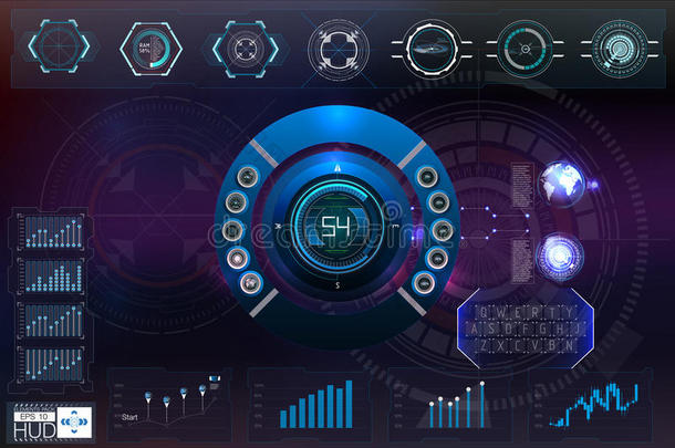 具有<strong>HUD</strong>不同元素的抽象背景。 <strong>HUD</strong>元素，graph.vector插图.抬头显示元素