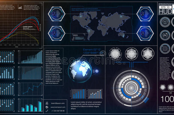 具有<strong>HUD</strong>不同元素的抽象背景。 <strong>HUD</strong>元素，graph.vector插图.抬头显示