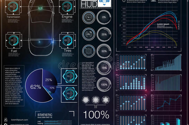 具有<strong>HUD</strong>不同元素的抽象背景。 <strong>HUD</strong>元素，graph.vector插图。