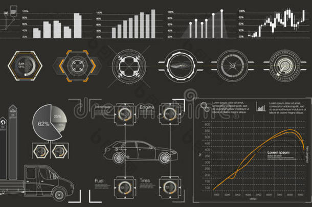 未来主义的<strong>用户界面</strong>。 哈德UI。 抽象虚拟图形触摸<strong>用户界面</strong>。 汽车<strong>信息</strong>图。 矢量科学摘要。