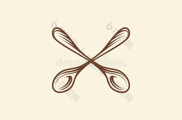 抽象棕色两个茶匙交叉标志，餐具元素标志，厨具矢量插图