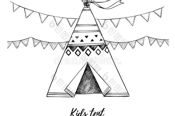 手绘矢量元素-儿童帐篷与花环。素描风格的插图。适合印刷品、明信片、海报等