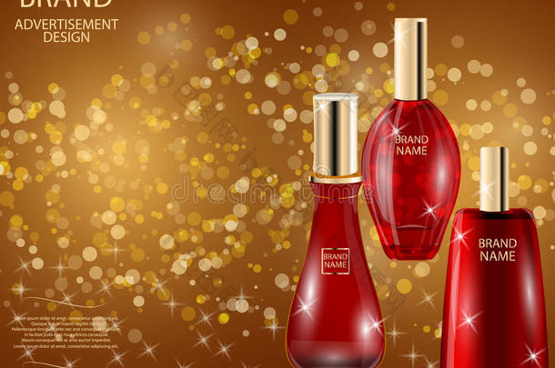 迷人的香水玻璃瓶和红色口红在闪闪发光的效果背景。