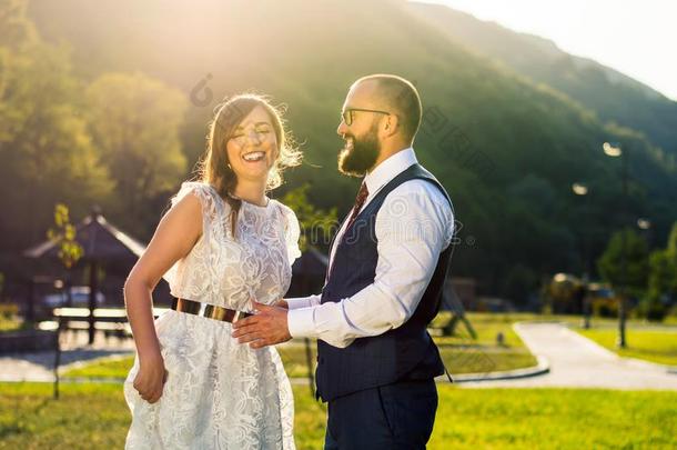 Happy bride and groom at wedding ceremony