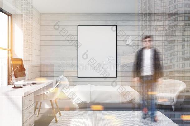 白色的木材卧室,计算机和海报,男人
