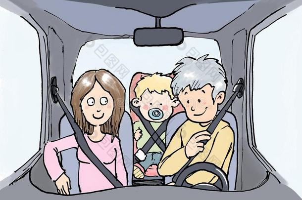 家庭和孩子们采用汽车和安全腰带