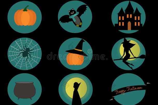 万圣节前夕原理-蝙蝠,南瓜,女巫和蜘蛛向黑的背