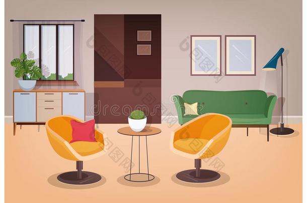 现代的内部关于活的房间满的关于舒适的家具和
