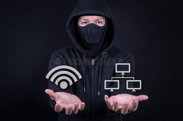 黑客数字的小偷敞开的手掌手势和WirelessFidelity基于IEEE802.11b标准的无线局域网和网图标