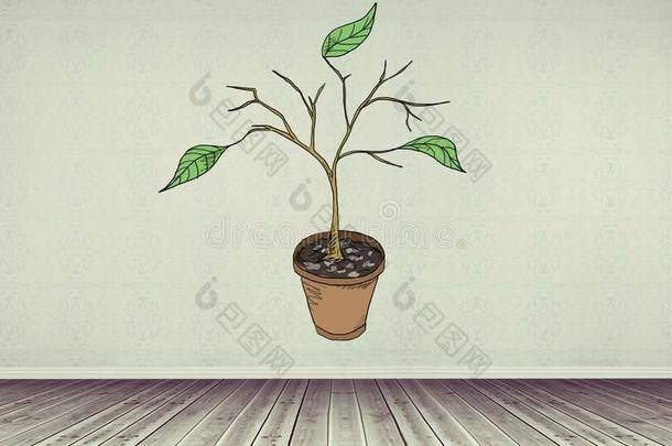 绘画关于植物树枝和树叶向墙