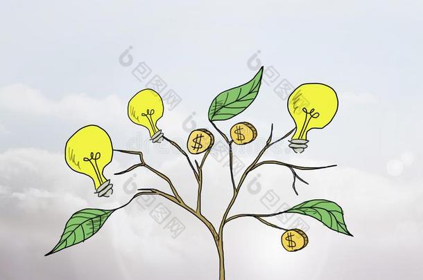 绘画关于钱和主意制图学向植物树枝向墙