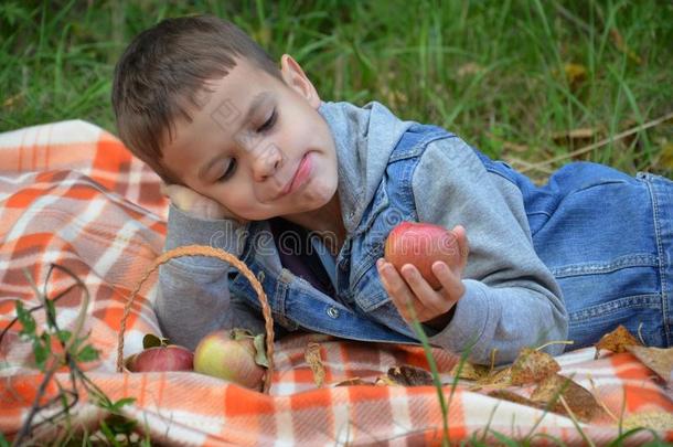 幸福的小孩吃成果.幸福的漂亮的小孩男孩吃一苹果.英语字母表的第12个字母