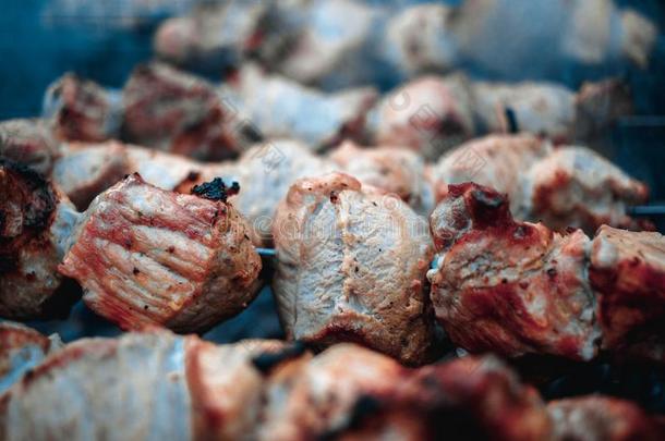 烤的烤腌羊肉串烹饪术向金属串肉扦烧烤.