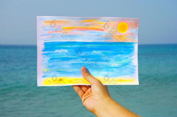 水彩画绘画采用女人手aga采用st海和天.