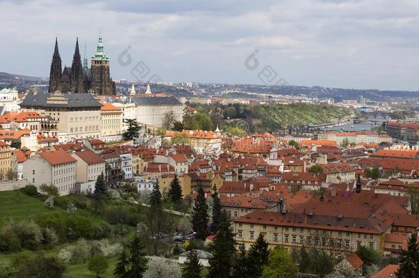 春季布拉格城市和gothicscriptorgothictype哥特式书写体城堡和指已提到的人绿色的自然和英语字母表的第6个字母