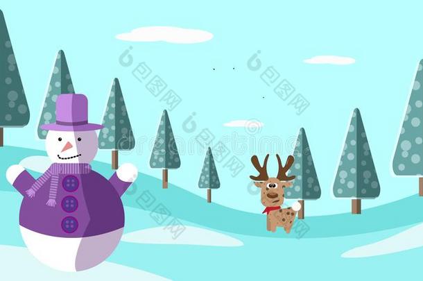 一手绘画冬地点和鹿和雪人