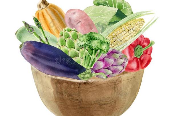 手绘水彩剪贴画和新鲜的蔬菜采用碗