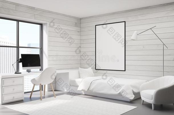 白色的木材卧室,计算机和海报,角落