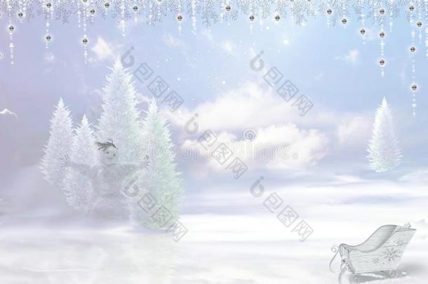 圣诞节背景.下雪的圣诞节树,雪人,雪橇,克洛