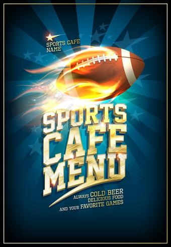 有关运动的咖啡馆菜单卡片设计和典型的皮橄榄球运动球图片