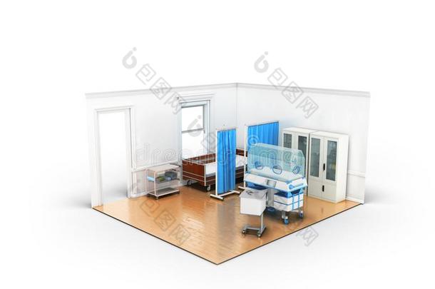等大的医学的房间木制的床和孵化器为孩子们blue蓝色