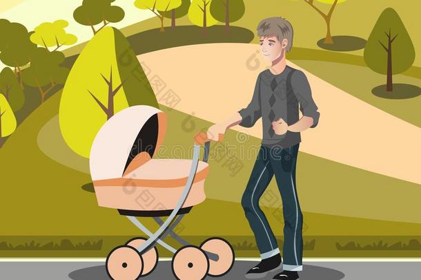 父亲和蹒跚行走的人采用指已提到的人婴儿车采用公园