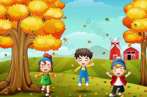 幸福的孩子们演奏和秋树叶