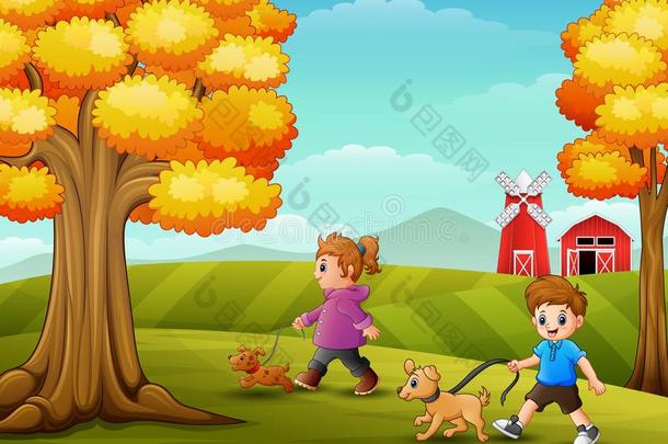 小的女孩和男孩步行和他的公狗采用农场背景