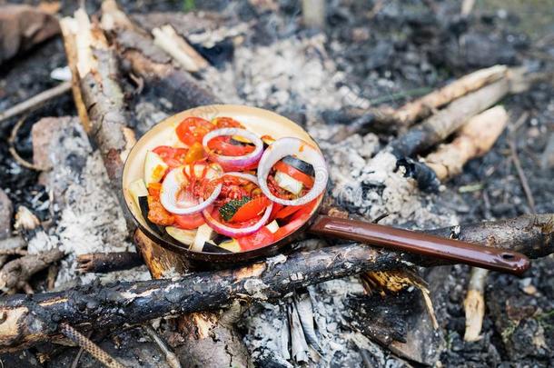 烹饪术食物向一敞开的火采用自然.