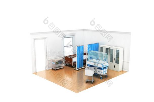 等大的医学的房间木制的床和孵化器为孩子们blue蓝色