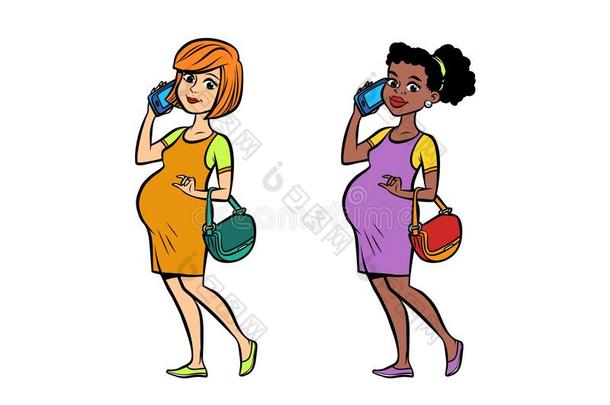 放置黑的和白色的怀孕的女人和电话
