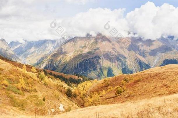 极好的金色的秋风景在之间指已提到的人多岩石的山采用